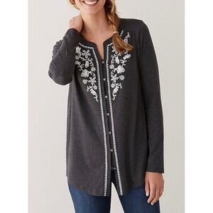 J. Jill Embroidered Button Down Peasant Top Long Sleeve Gray‎ Women Size Medium